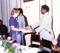 Mrs Gatrad being presented with a gift from the Mayor of Blantyre Malawi (1978) – for her contribution to Mlambe hospital Lunzu Malawi